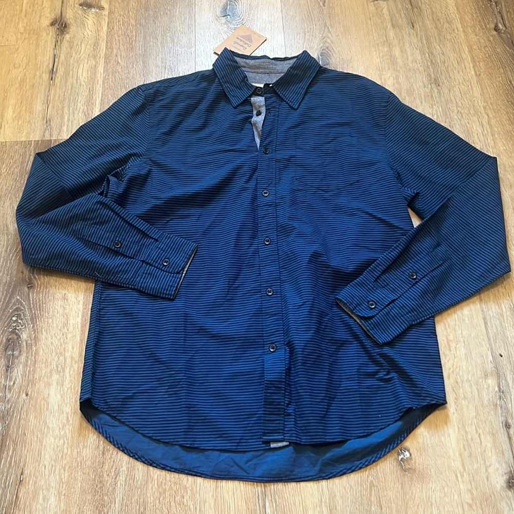 Jachs Men's Button up size Large Blue with Black Stripes